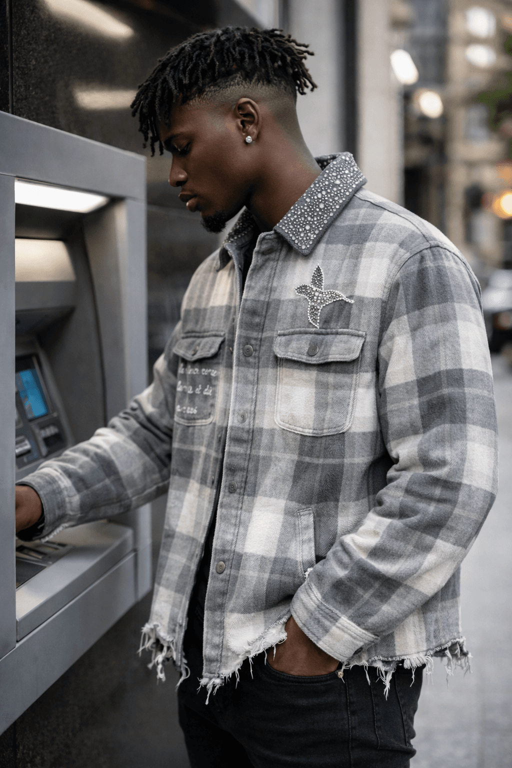 Model wearing Silent Hustle flannel