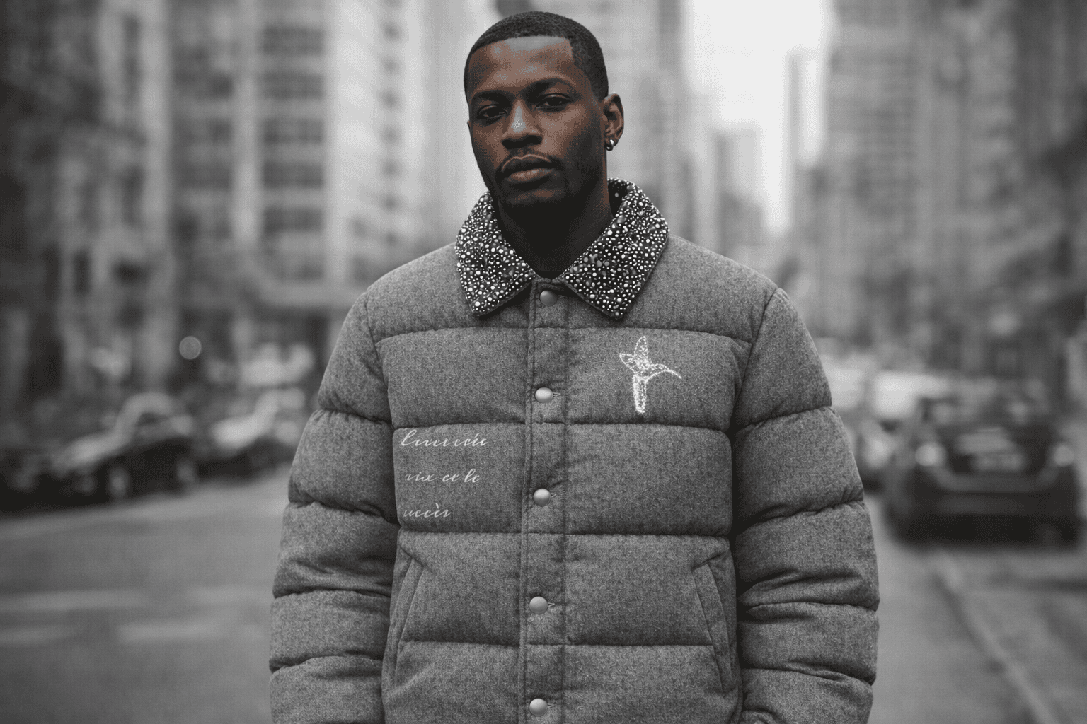 Model wearing Silent Hustle puffer jacket