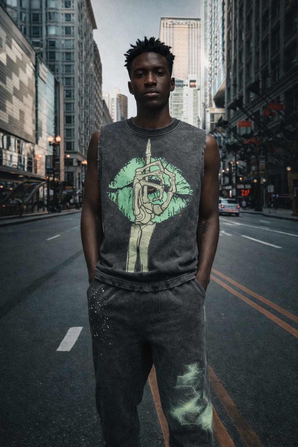 Model wearing Silent Hustle sleeveless tee